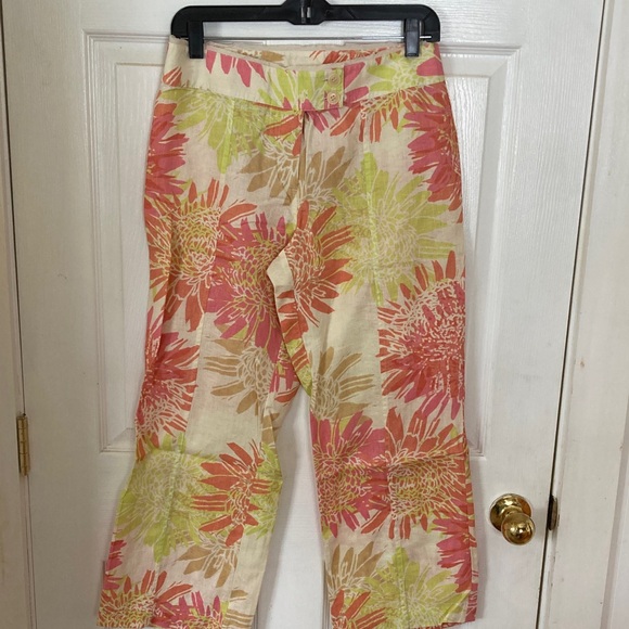 Sigrid Olsen Pants - Sigrid Olsen Linen Floral Ankle Pants - Pink, Orange, Tan